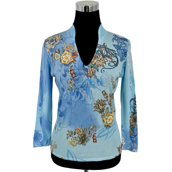 Vtg Alberto Makali Embroidered Floral Beaded Sequin Blue Knit Top M | Boho Indie - Picture 2 of 16